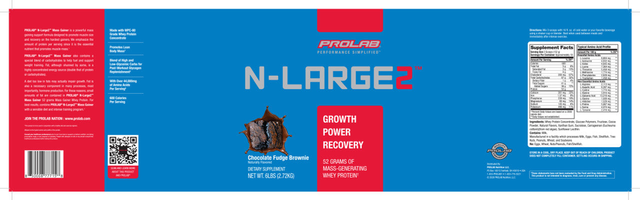 Prolab Nutrition N-Large2 Mass Gainer Chocolate Fudge Brownie Label