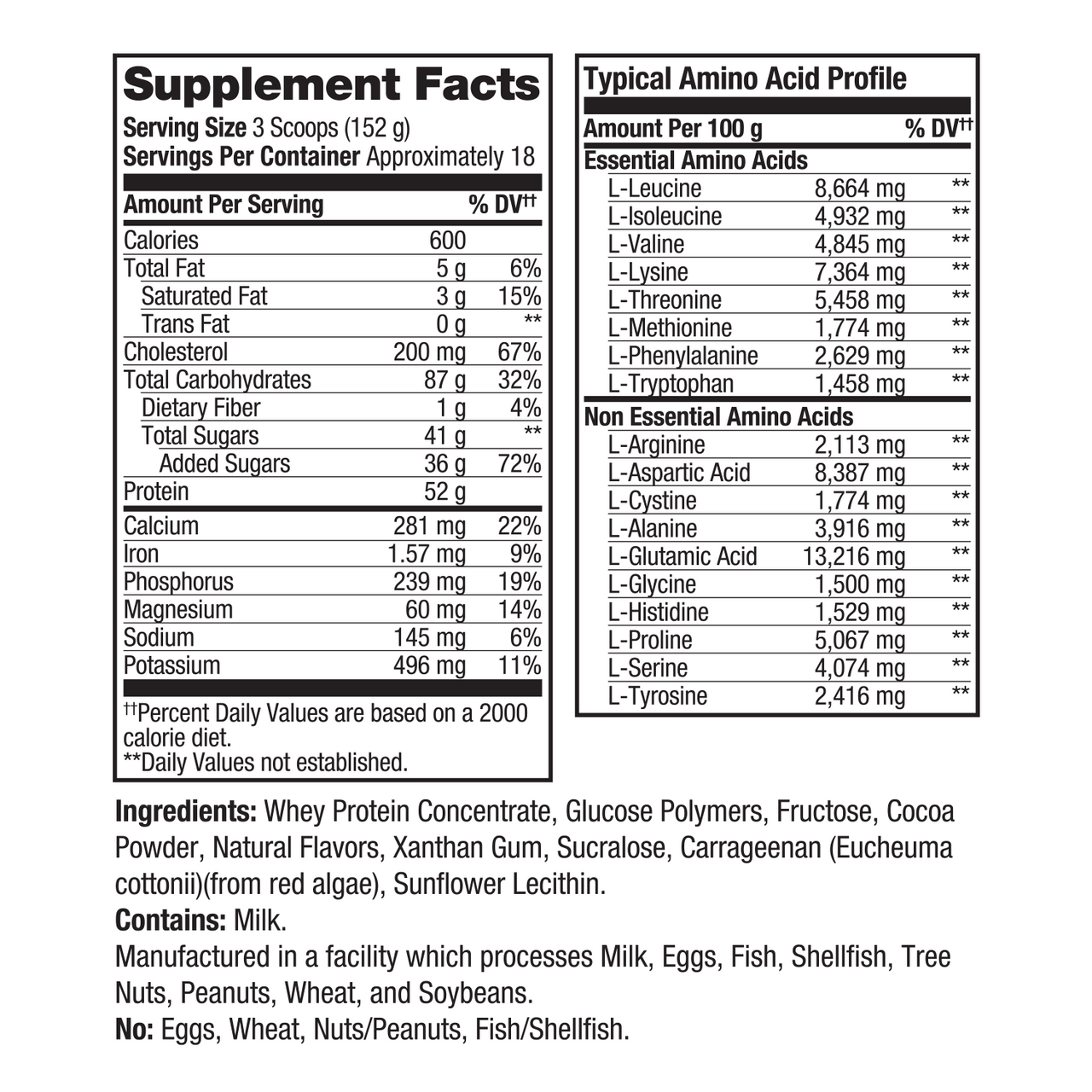 Prolab Nutrition N-Large2 Mass Gainer Chocolate Fudge Brownie Supplement Panel