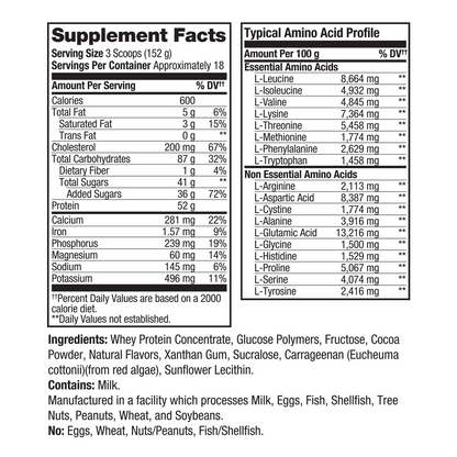 Prolab Nutrition N-Large2 Mass Gainer Chocolate Fudge Brownie Supplement Panel