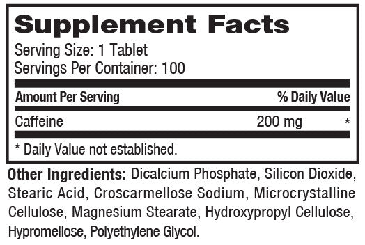 Caffeine 200mg 100 Tablets Supplement Panel